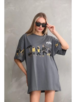 Üçay Bisiklet Yaka Baskılı Oversize T-Shirt Gri