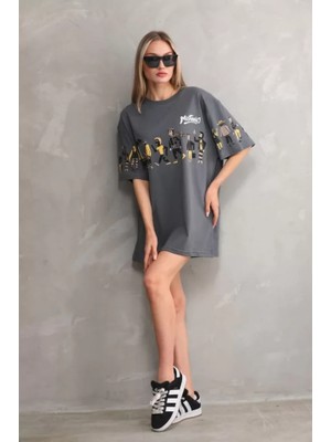 Üçay Bisiklet Yaka Baskılı Oversize T-Shirt Gri