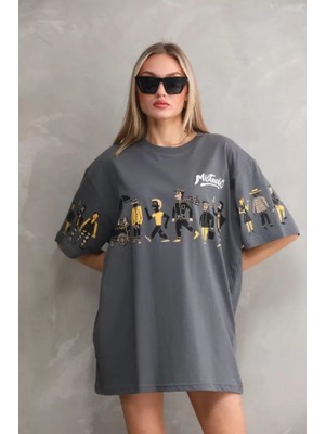 Üçay Bisiklet Yaka Baskılı Oversize T-Shirt Gri