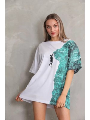 Üçay Bisiklet Yaka Baskılı Oversize T-Shirt Beyaz