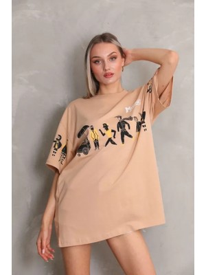 Üçay Bisiklet Yaka Baskılı Oversize T-Shirt Bej