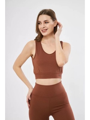 Üçaymoda Fitilli Baskılı Crop - Kahve