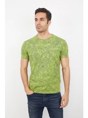 Şal Deseni Baskılı Bisiklet Yaka Yeşil Erkek Tişört