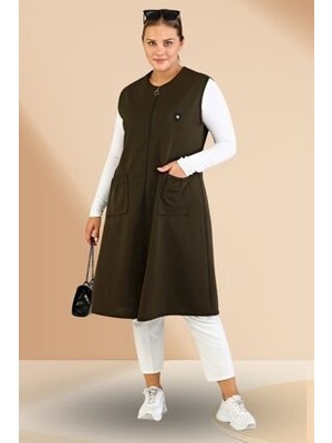 FERACE Kadın Haki Renk Büyük Beden Yelek Uzun Stil Çelik Örme Viskon Özellikli