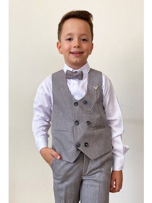 Pina Kids Erkek Çocuk Gri Takım Elbise Panyonlu Yelekli Özel Günler İçin Şık Tasarım