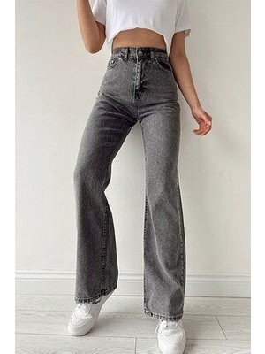 Füme Kar Yıkama Kadın Salaş Likralı 90's Süper Yüksek Salaş Paça Kot Palazzo Pantolon