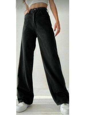 ByCukurovaFrango Kadın Salaş Likralı 90's Solmayan Siyah Süper Yüksek Bel Bol Paça Denim Kot Palazzo