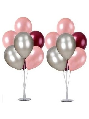 Asöy Hastane Süsleme 2 Adet 7'li Balon Standı ve Pembe Gümüşfuşya Metalik Balon Set Hoş Geldin Bebek