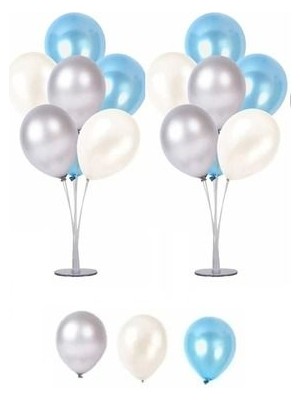 Asöy Hastane Süsleme 2 Adet 7'li Balon Standı ve Gümüş -Mavi - Beyaz Metalik Balon Set