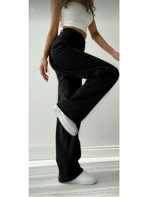Livik Collection Ness Likralı Salaş Kadın Siyah Süper Yüksek Bel Salaş Paça Denim Kot Pantolon