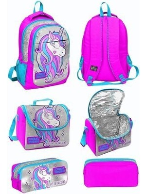 Coral High Pembe Gümüş Simli Unicorn Desenli Üç Bölmeli Okul Sırt Çantası Beslenme Çantası Kalem Çantası