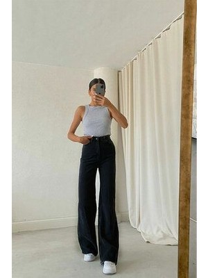 ByCukurovaFrango Siyah Power Likralı Kadın Siyah Yüksek Bel Salaş Paça Palazzo Salaş Jans Kot Pantolon