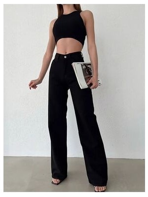 ByCukurovaFrango Likralı Kadın Siyah Yüksek Bel Bol Paça Salaş Jans Kot Pantolon