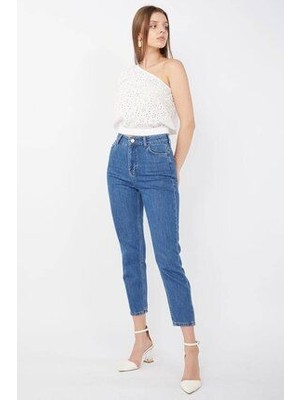 ByCukurovaFrango Kadın Mom Jean Pantolon Ful Likralı Esnek Mavi Jean