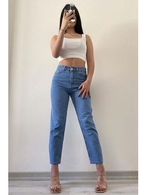 ByCukurovaFrango Orta Açık Mavi Boyfriend Jean Kadın Mom Kot Pantolon