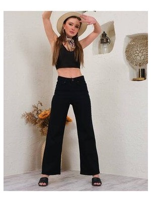 ByCukurovaFrango Evangeline Siyah Salaş Bol Paça Kadın Jean Pantolon , Kadın Siyah Salaş Bol Paça Siyah Likralı