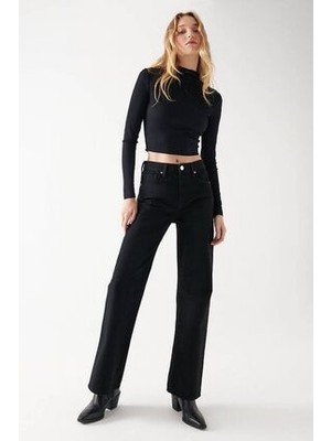 ByCukurovaFrango Florya Kadın Siyah Süper Yüksek Bel Jeans Likralı Salaş Paça Kot Pantolon Siyah Bol Paça 2024