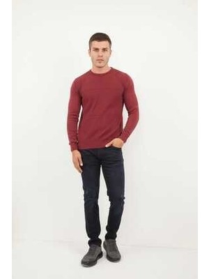 Voltaj Bisiklet Yaka Desenli Parça Boya Erkek Triko Kazak Bordo