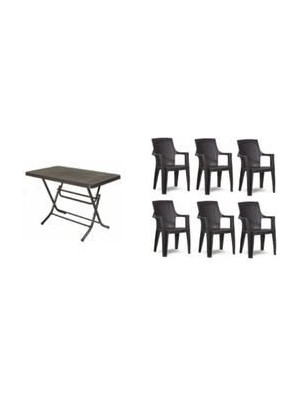 NetBazaars Plastik Katlanır Masa Acı Kahve 70X120 + 6 Adet Gold Plastik Sandalye Bahçe Mobilyası