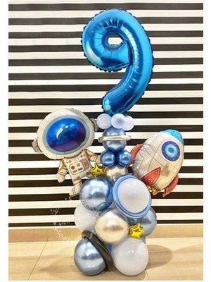 Astronot Roket Uzay Temalı 9 Yaş Mavi Rakamlı Balon Seti