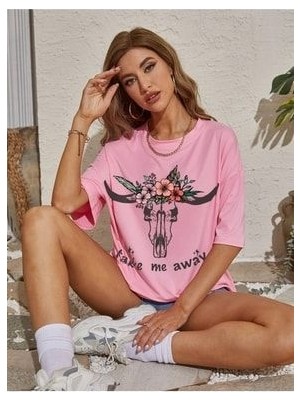Mercoledi Take Me Away Pembe Oversize Salas Boyfriend Kadın T-Shirt Top Bluz