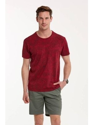 Şal Deseni Baskılı Bisiklet Yaka Bordo Erkek Tişört