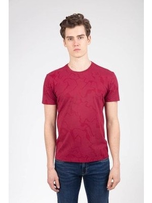 Kamuflaj Deseni Baskılı Bisiklet Yaka Bordo Erkek Tişört