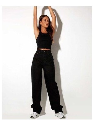 ByCukurovaFrango Ram Likralı 90's Kadın Siyah Süper Yüksek Bel Salaş Paça Denim Kot Palazzo Pantolon