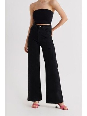 ByCukurovaFrango Sabrina Kadın Solmayan Siyah Yüksek Bel Salaş Paça Denim Kot Pantolon 2024