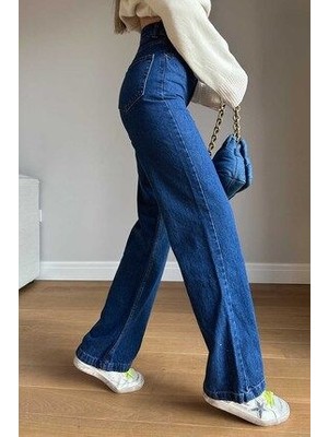 Limabel Koyu Mavi Kadın Salaş Likralı 90's Süper Yüksek Salaş Paça Kot Palazzo Pantolon