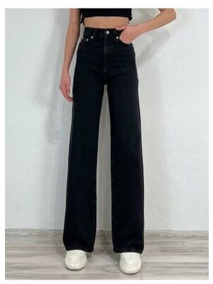 ByCukurovaFrango Leo Penelope Alessia Likralı Kadın Siyah Süper Yüksek Bel Salaş Paça Denim Kot Palazzo Pantolon