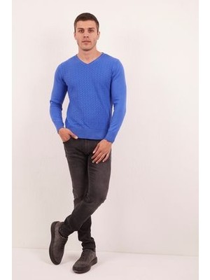 Voltaj Desenli V Yaka Pamuklu Erkek Triko Kazak Saks