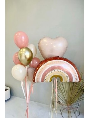 Retro Gökkuşağı Boho Bohem Pembe Balon Seti Kalpli Gold Balon Set
