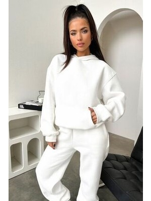 Yakamel Kadın Beyaz Basic Düz Eşofman Takımı Sweatshirt Jogger