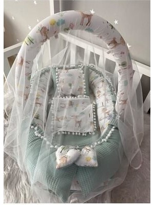 Nest Wafle Yeşil Pike Poplin Ponponlu Jaju-Babynest ve Yorgan Oyuncak Aparat ve Tül Set