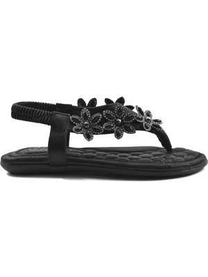 Beety TS-402 Siyah Masaj Taban Parmak Arası Taşlı Kadın Sandalet