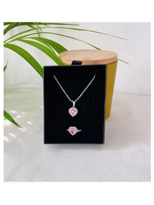 Rm Bijuteri Zirkon Taşlı Kalp Çelik Yüzük Kolye Seti