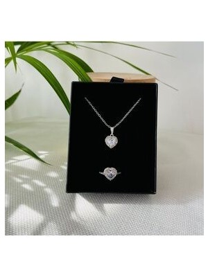 Rm Bijuteri Zirkon Taşlı Kalp Çelik Yüzük Kolye Seti