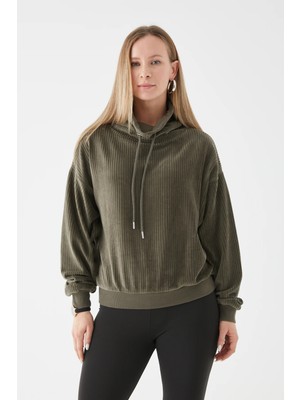 Go Veform Kadın Yakası Büzgü Detaylı Sweatshirt Haki ZN5049