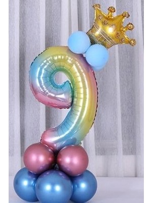 Parti Avm Rakam Balon Karşılama Seti 9 Yaş Gökkuşağı Renkleri Rakam Balon Altın Taçlı 9 Rakamlı Balon