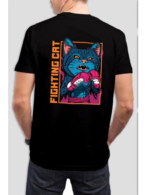 Fighting Cat Baskılı Siyah Tişört C928