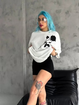 Üçay Moda Üçaymoda Unisex Bisiklet Yaka Baskılı Oversize T-Shirt - Beyaz