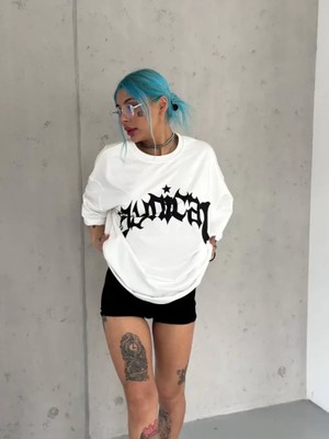 Üçay Moda Üçaymoda Unisex Bisiklet Yaka Baskılı Oversize T-Shirt - Beyaz