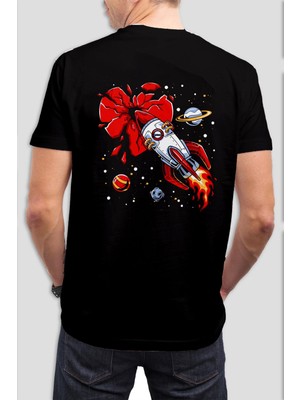 Uzay Roketi Baskılı Siyah Tişört C864