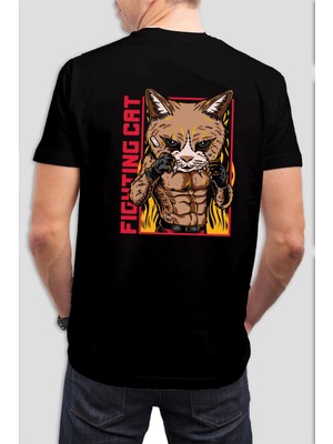 Fighting Cat Baskılı Siyah Tişört C927