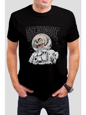 Astronot Kuru Kafa Baskılı Siyah Tişört C905