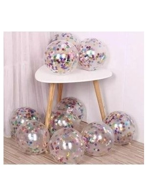 Asöy Renkli Konfetili Şeffaf Balon 10 Adet 30 cm Pullu Balon Balon Pulu Şeffaf Balon