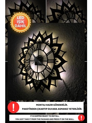 Dekorvin Led Işıklı Çiçek Duvar Saati Sessiz Dekoratif Modern Siyah Duvar Saati - Renkli 40x40cm