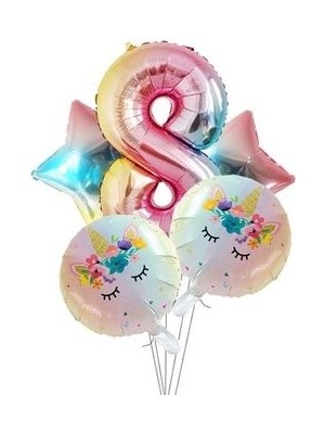 Unicorns Unicorn Tema Balon Seti 102 cm Gökkuşağı Rakam Balon Yıldız ve Yuvarlak Folyo Balon