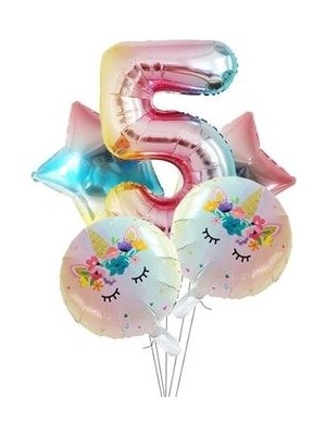 Unicorns Unicorn Tema Balon Seti 102 cm Gökkuşağı Rakam Balon Yıldız ve Yuvarlak Folyo Balon